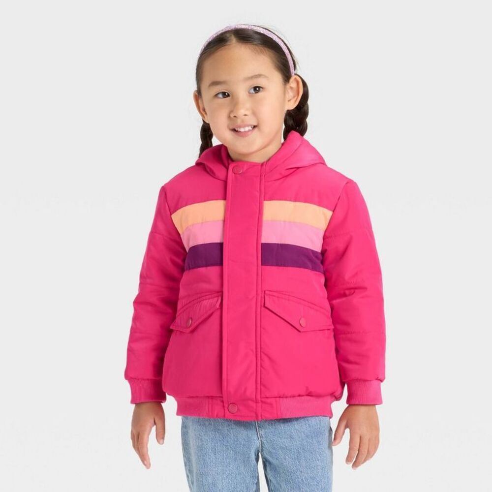 Toddler Girls' Striped Heavyweight Puffer Jacket - Cat & Jack Pink 4T